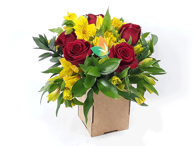 Arranjo de Rosas Vermelhas e Astromélias Amarelas Mediano – Rosa Flor